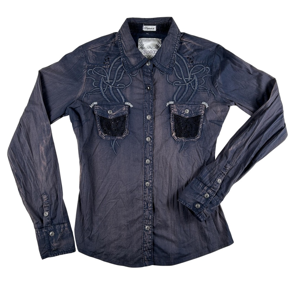 Vintage Roar Shirt Womens Medium Embroidered Rhinestone Western Button Front Top